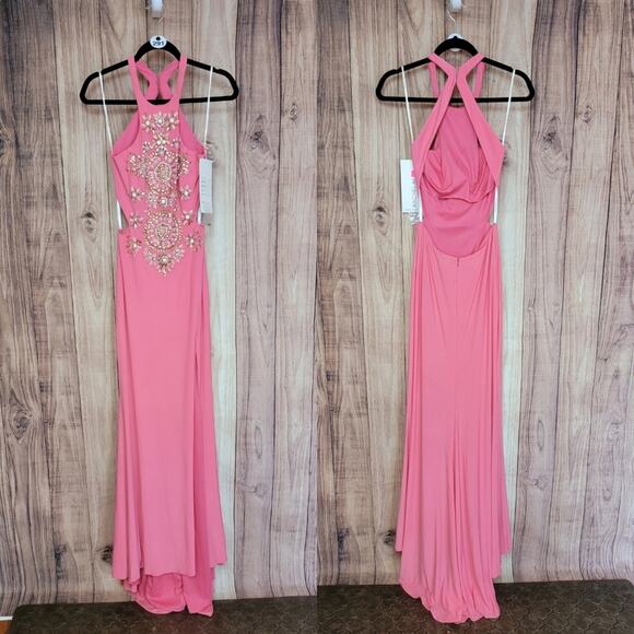 NWT Rachel Allan Hot Pink Halter Gown, Style # 7108, Sz 4 - Picture 2 of 11